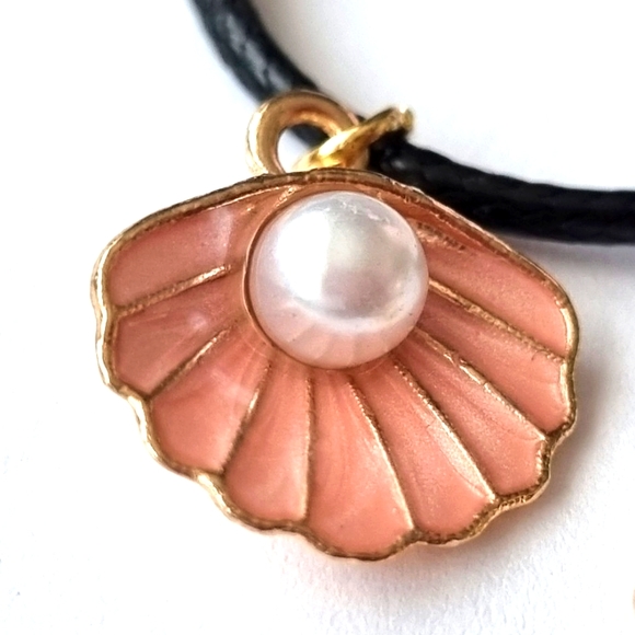 Necklace | Pink Scallop & Faux Pearl Pendant | Black Cord | Gold Toned Findings - Picture 8 of 8